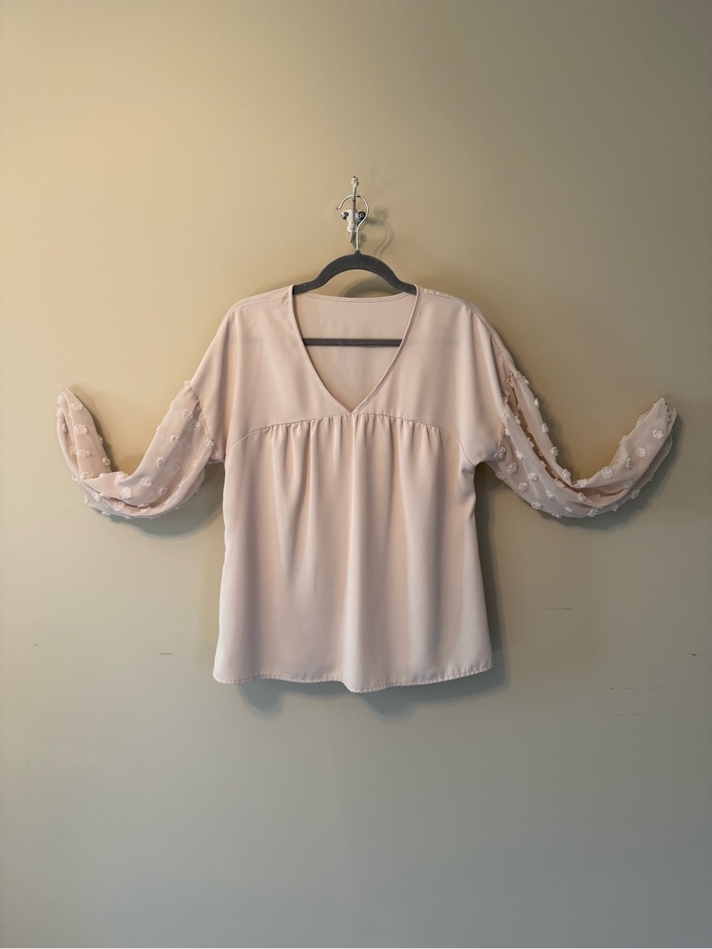 Cream V-Neck Womens Blouse with Sheer Embroidered Sleeves